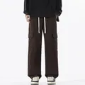 Men's loose straight multi-pocket cargo pants in dark brown with drawstring waist - 3XL / Coffee