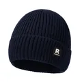 Winter navy blue ribbed knit beanie with R patch label and ear protection for cold weather - One Size / Navy Blue