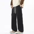 Men's black wide-leg cargo pants with side flap pockets and white drawstring waist - 3XL / Black