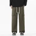 Men's olive green wide-leg cargo pants with side flap pockets and white drawstrings - 3XL / Army Green