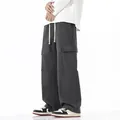 Pantalon cargo gris foncé pour hommes, coupe large avec poches et cordon crème - Gris foncé