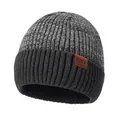 Gorro de punto de invierno con textura mixta bicolor, dobladillo de canalé y parche de cuero - Talla única / gris oscuro
