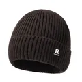 Dark brown ribbed knit beanie with 'R' fashion patch and folded cuff for winter - One Size / Brown