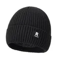 Winter black knit beanie with fleece lining and R Fashion patch for cold protection - One Size / Black