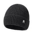 Classic black ribbed knit beanie with R FASHION patch for outdoor winter warmth - One Size / Gray