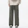 Olive green cargo pants for men with straight loose fit and side flap pockets - 3XL / Algae Green
