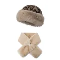 Winter faux fur leopard print hat and khaki scarf set for warm outdoor protection - Khaki Hat And Scarf