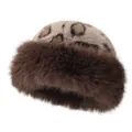Winter faux fur Mongolian hat with leopard print crown and brown plush ear flaps - Off White