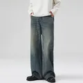 Jeans in denim da uomo a gamba larga lavaggio blu medio con baffature vintage e baffi - S / Blu Vintage