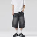 Retro washed black denim shorts with loose fit and whiskering vintage style for men - S / Dark Grey