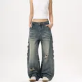 American retro distressed wide-leg jeans with whiskers and heavy washing detail - XS / Vintage Blue