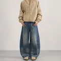 Men's American retro dark blue washed wide-leg flared jeans with stacked hem and baggy fit - XS / Blue