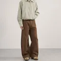 Mens retro vertical stripe zip shirt paired with wide-leg pleated brown trousers - XS / Brown