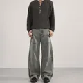 Men's retro cleanfit curved jeans in washed gray with a wide-leg loose fit style - XS / Blue Gray