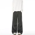 Vintage oversized dark grey pleated cotton casual pants with street style wash finish - S / Dark Gray