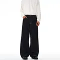 Men's wide-leg dark blue selvedge denim jeans in a clean-fit straight-cut style - S / Black