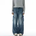 Jeans cargo da uomo blu scuro lavati con taglio a gamba larga e grandi tasche laterali - S / Blu