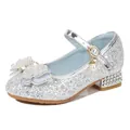 Girls silver sequin princess shoes with pearl bow and rhinestone low heel detail - EU 26 / Silver