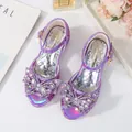 Sparkly purple girl's princess sandals with glitter, rhinestone bow, and open toe design - EU 26 / Purple