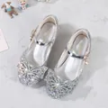 Silver sequin Mary Jane shoes for girls featuring a large rhinestone butterfly bow detail - 38 / Silver