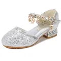 Silver sequin Mary Jane girl's princess shoe with star charms and rhinestone low heel - EU 26 / Silver