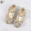 Sparkly gold girls Mary Jane shoes with rhinestone butterfly bow and sequins - 38 / Gold