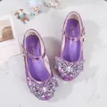 Sparkly purple sequin Mary Jane shoes for girls featuring a large rhinestone butterfly bow - 38 / Purple