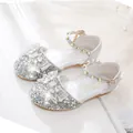 Sparkly silver sequin princess sandals for girls with bow and pearl ankle strap - EU 22 / Silver