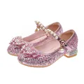 Pink glitter girls princess shoes with rhinestone bow and pearl mary jane strap - EU 25 / Pink