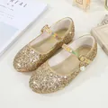 Girl's golden sequin Mary Jane shoes with iridescent strap and pearl buckle charm - 26 / Gold