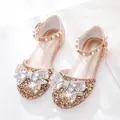 Sparkling champagne gold sequins girls princess sandals with crystal bow and pearl strap - EU 38 / Champagne