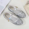 Girls silver sequin Mary Jane shoes with golden buckle and crystal pendant detail - 26 / Silver