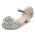 Silver glitter girls princess shoes with bow and pearl detail in kitten heels - EU 26 / Silver
