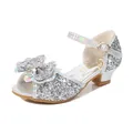Silver sparkly girls princess sandals with glitter bow and chunky heel straps - EU 25 / Silver