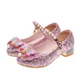 Pink sequined girls' princess shoes with pearl straps and decorative floral accents - EU 40 / Pink