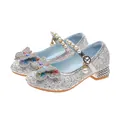 Sparkly silver girls princess shoes with glitter finish, crystal bows, and pearl strap - EU 40 / Silver