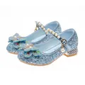 Sparkly light blue glitter girls princess shoes with pearl straps and rhinestone heels - EU 40 / Blue