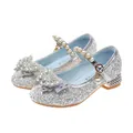 Sparkling silver sequin Mary Jane shoes for girls with rhinestone bow and pearl strap - EU 25 / Silver