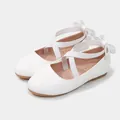Elegant white girls princess flats with elastic cross straps and rear bow detail - 22 / White