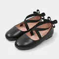 Classic black Mary Jane shoes for girls featuring a bow detail and elastic cross strap - 22 / Black
