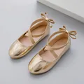 Sparkly gold girls ballet flats with glitter crackle texture and bow detail - 22 / Gold