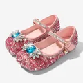 Pink sparkly princess Mary Jane shoes with blue gemstones and heart charm for girls - 22 / Pink
