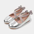 Girls silver glitter Mary Jane shoes with crisscross straps and heel bow detail - 22 / Silver