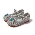 Girls silver sequin princess flat with large blue crystal and sparkly rhinestone decor - 34 / Silver