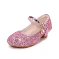 Pink sequin girls Mary Jane princess heels with star and moon pendant charms - Pink