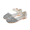 Sparkly silver sequin Mary Jane flats for girls with pearl strap and moon charm - EU 24 / Silver
