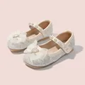 Girls silver glitter Mary Jane shoes with double mesh bow and heart pearl detail - EU 22 / Apricot