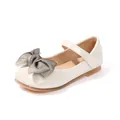 Cream patent leather girls Mary Jane shoes with a large grey silk decorative bow - 22 / White