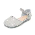 Girl's silver rhinestone princess shoes with square toe and adjustable ankle strap - 22 / Silver