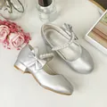 Silver Mary Jane princess shoes for girls with satin bow and decorative pearls - EU 26 / Silver